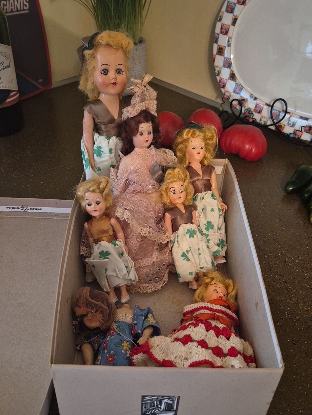 Set of Vintage Blonde and Brunette Play Dolls in Cream & Pink Dresses